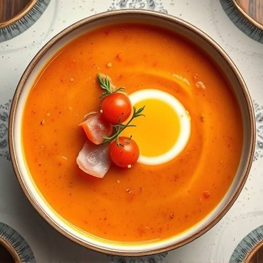 Foto de salmorejo cordob&radic;&copy;s servido en un cuenco, adornado con huevo duro picado y jam&radic;&ge;n serrano